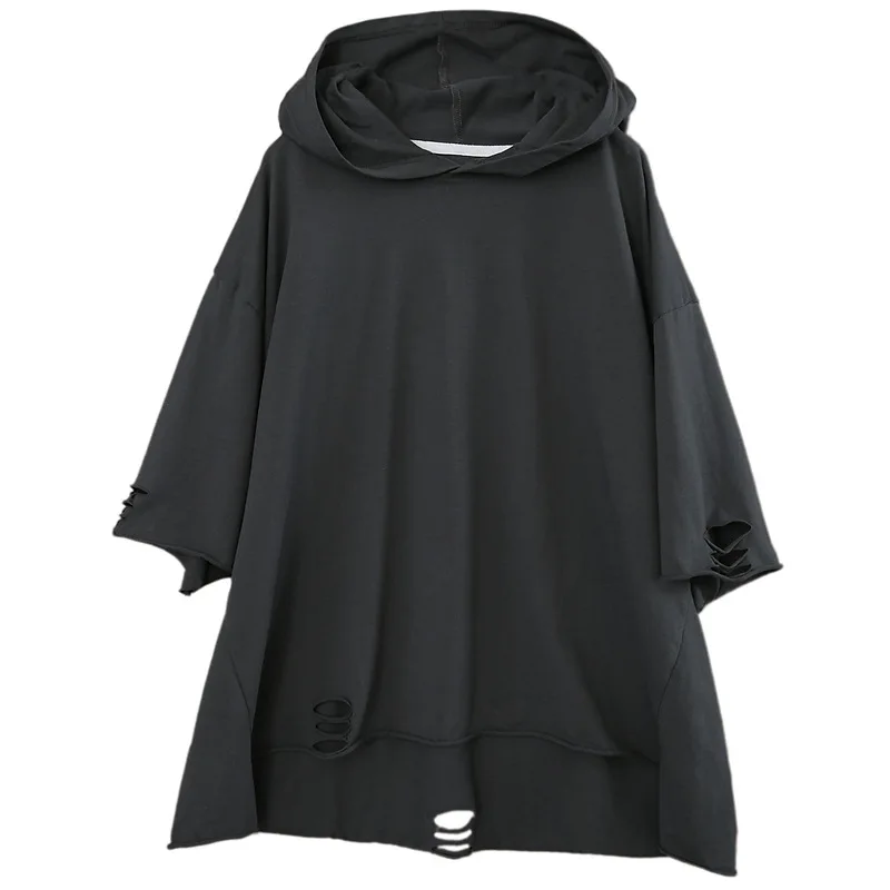 

SOUL OF TIGER 2021 British Style Summer Womens Purple Hooded Short Sleeve Tshirts Ladies Holes Oversized Tee Girls Casual Tops