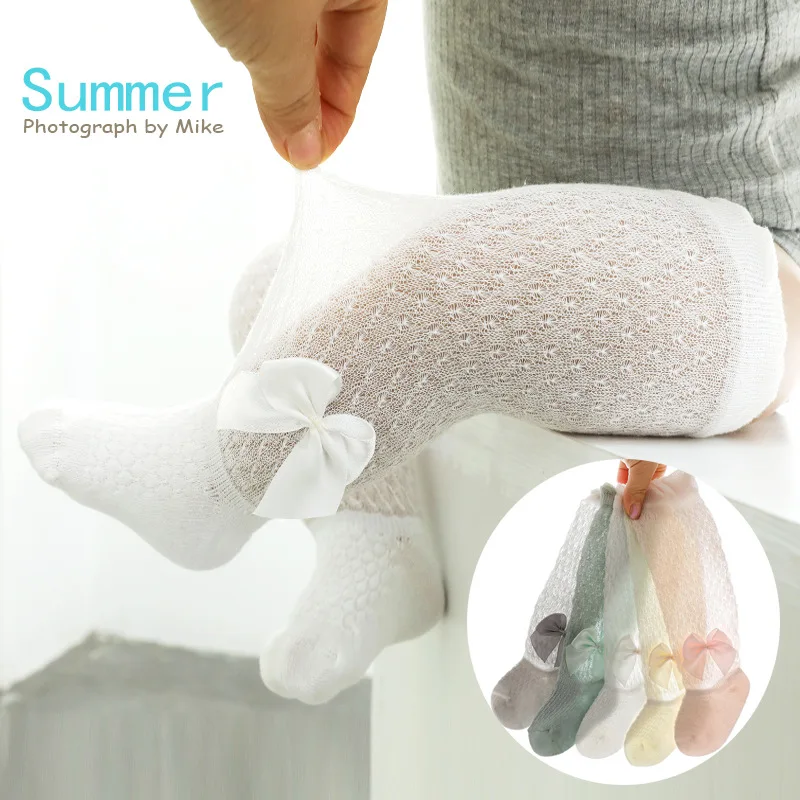 

Baby Girl Mesh Sock Summer Spring Non-slip Cotton Thin Bow Over The Knee Breathable High Stockings For 0-3 years Newborn Kids