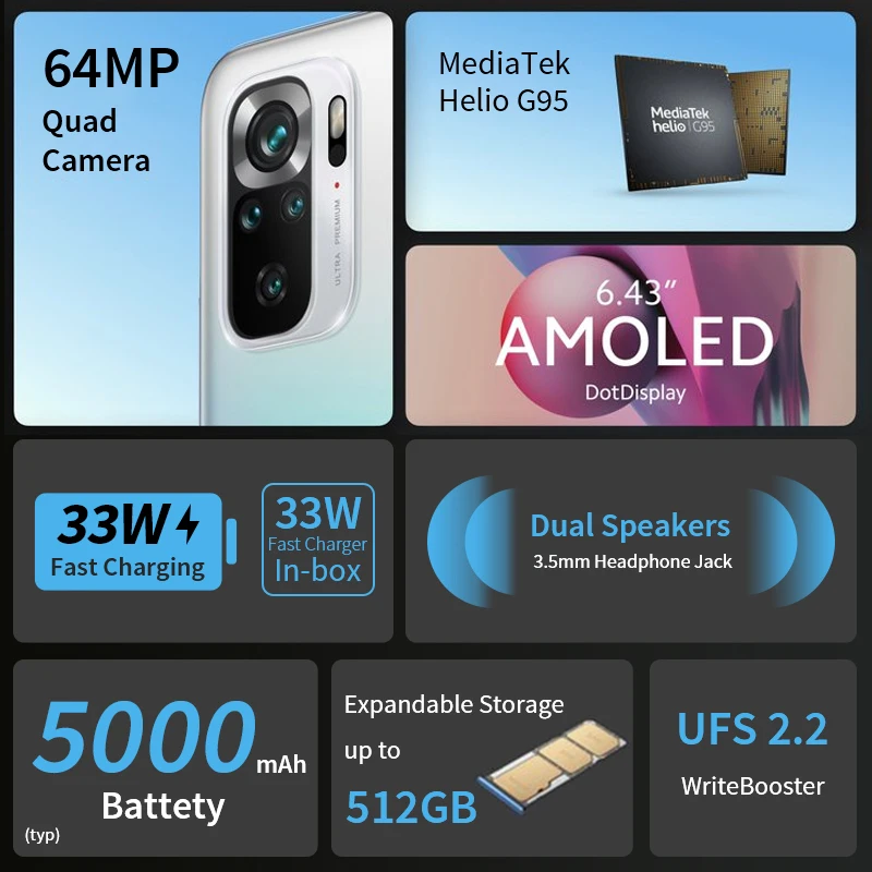 Kup Xiaomi Redmi Note 10S 6GB 64GB 8GB 128GB Globalna Wersja Smartfona | Helio G95 | 64MP Quad Camera | 33W ładowanie 5000mAh Baterii