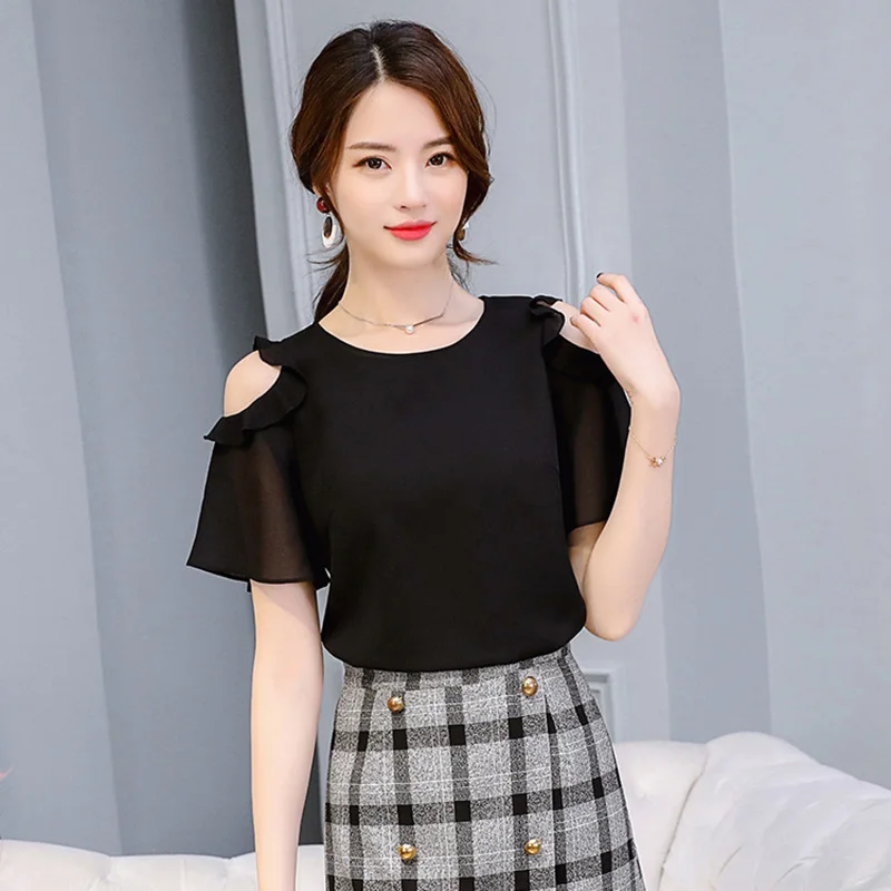

Women Off Shoulder Shirts Short Sleeves Solid Simple Slim Fit Tops for Summer TC21