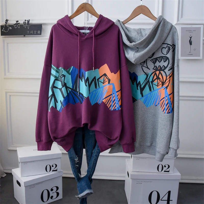 

Fashion Women's Printing Oversized Hoodies 2021 Winter Autumn BF Style Cotton Terry Casual Track Hooded Sweatshirt Pullovers