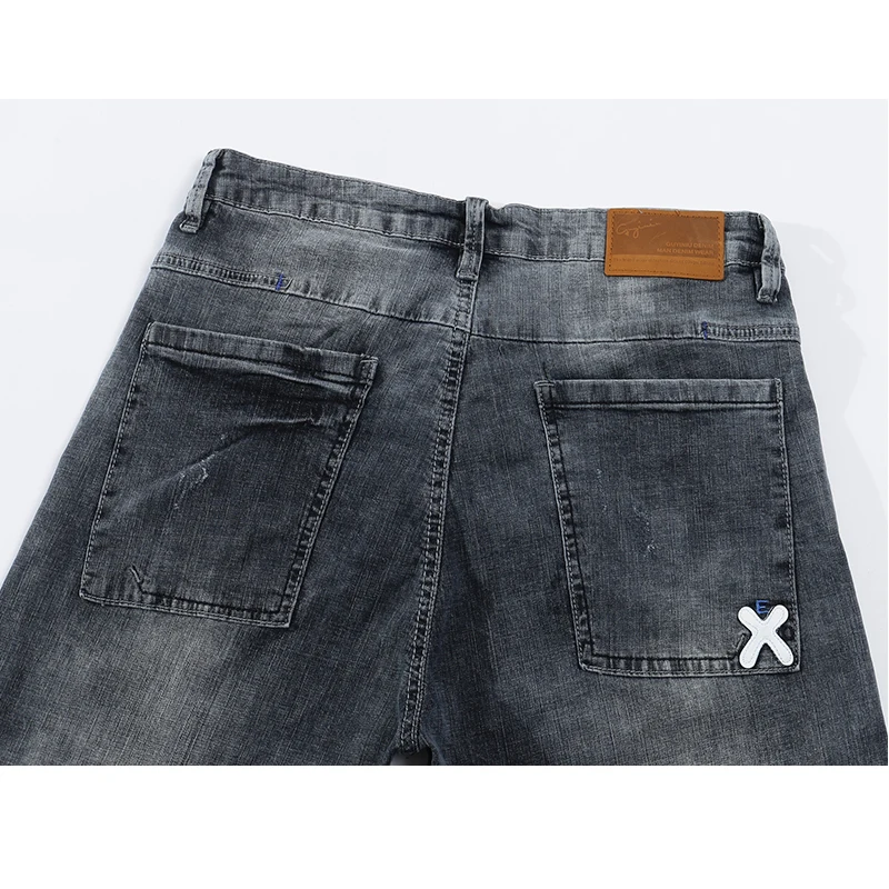 Рваные джинсы для мужчин серые эластичные уличные облегающие ультратонкие