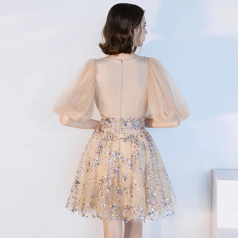 

Women's wedding party dress plus size V neck tulle foiled short formal prom evening dress for New Year 2021 cocktail dress