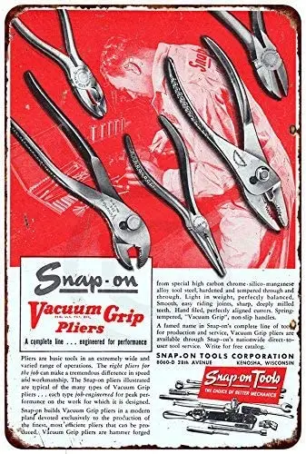 

SESLEBE SnapOn Vacuum Grip Pliers Mechanic Tools Ad Metal Tin Sign Vintage Wall Plaque for Outdoor Indoor Home Bar Pub Cafe Man