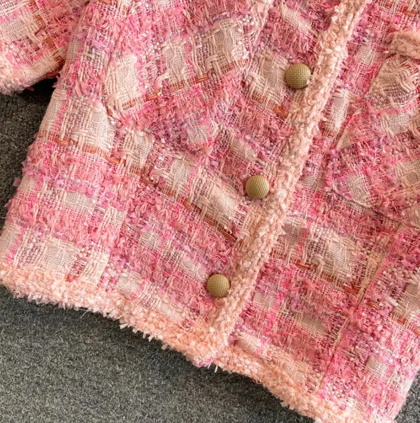 

New Summer Fashion Casual Plaid Tweed Jackets Coat Women Crop Top Ladies Vintage Short Coats Ropa Mujer s1238
