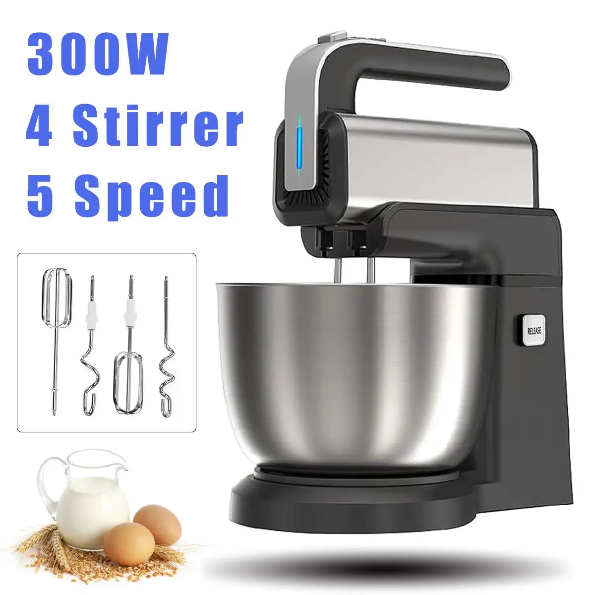 

300W Electric Stand Food Mixer 5-Speed Kitchen Food Mixing Bowl Beater Hook Blender Cream Egg Whisk Cake Dough Blender