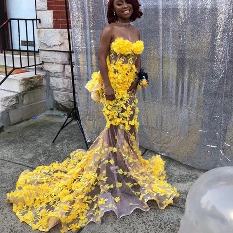 

Floral 3D Applique Long Evening Dresses Mermaid Sweetheart Vestido De Festa Ruffle See Through Evening Dresses robe de soiree