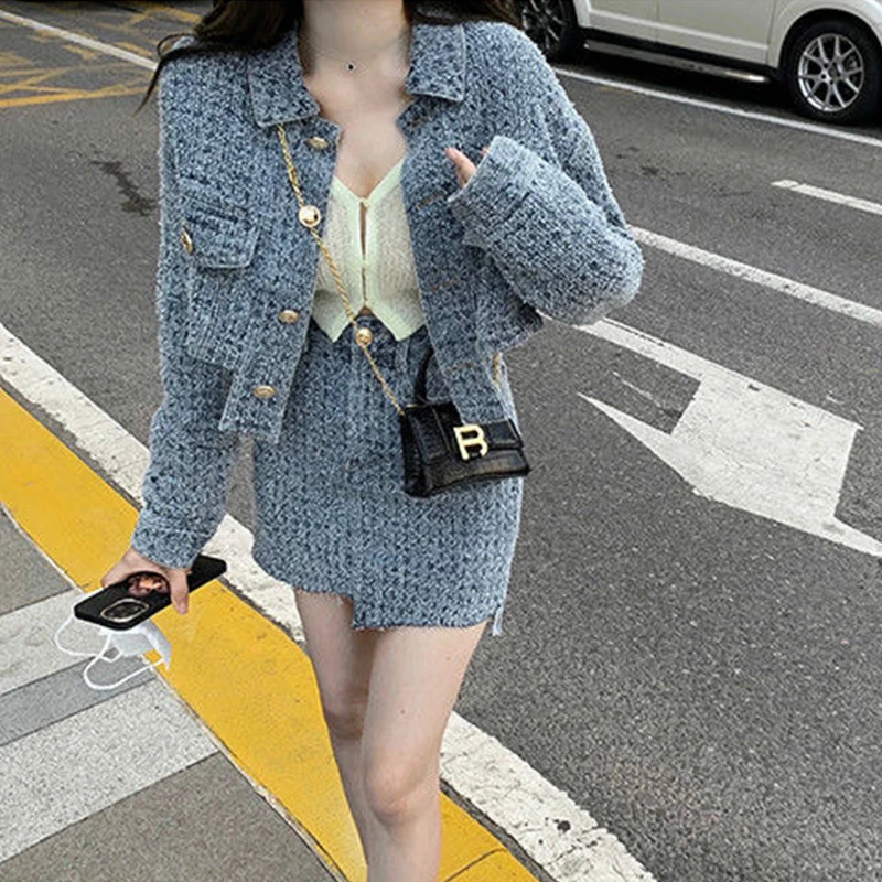

Autumn Winter Women Denim Suit New Brand Girl Long Sleeve Loose Jacket+High Waist Denim Skirt Suit Office Lady Jacket Skirt Sets