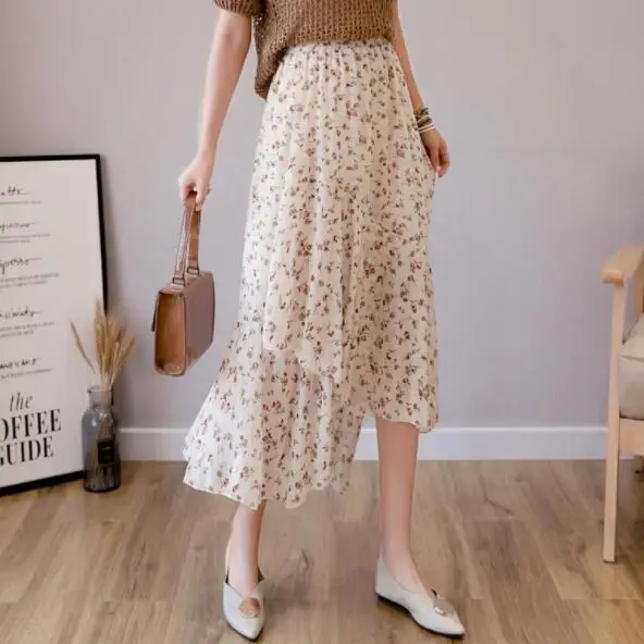 Женская шифоновая юбка миди с эластичной талией летняя плиссированная цветочным