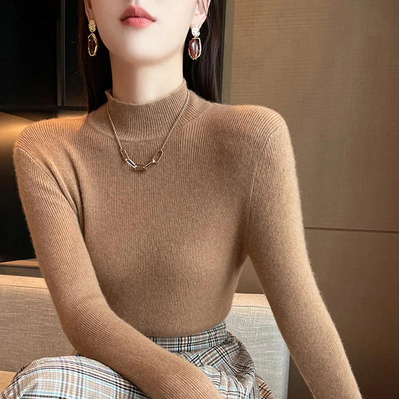 

Autumn Winter 100% Wool Sweater Women Warm Slim Fit Cashmere Sweater Solid Bottoming Shirt 2022 Spring Warm Stretch Knit Jumpers