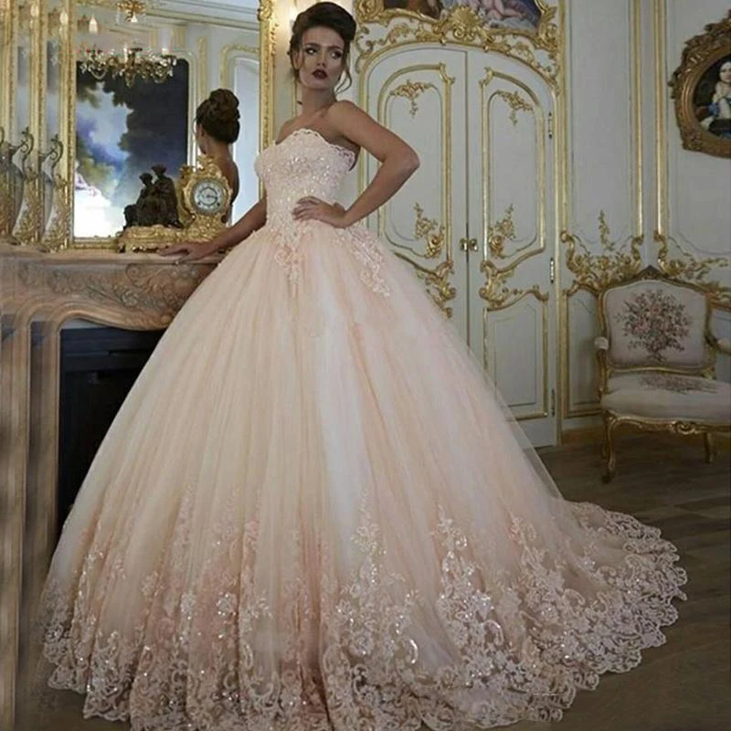 

Appliques Sequined Ball Gowns Wedding Dresses Lace Sweetheart Long Dresses Sweep Train Formal Gown Plus Size Vestido De Noiva