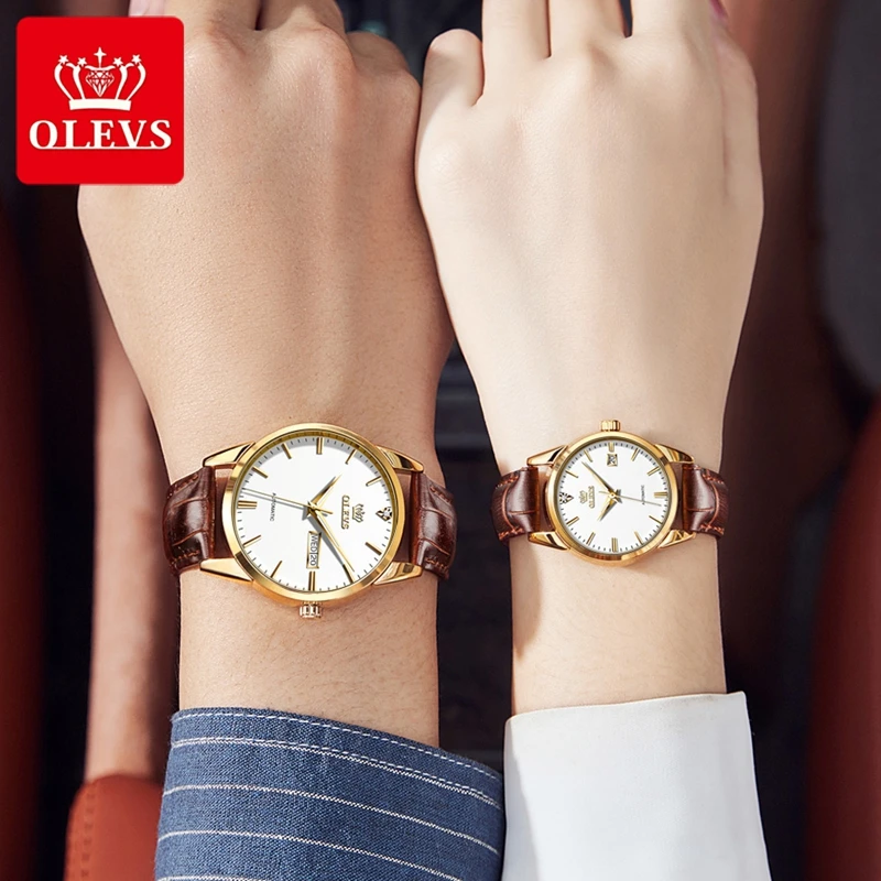 OLEVS Fashion Couple Watches Automatic Watch Leather Strap Design Brand Women Men's Mechanical Wristwatches montre homme femme