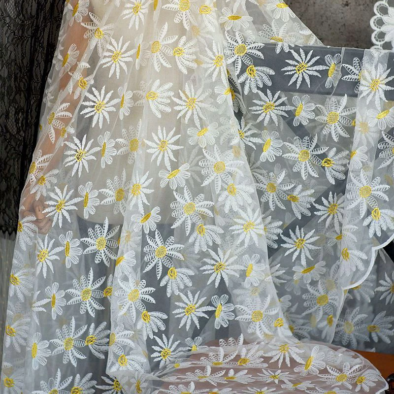 Сетчатая ткань с вышивкой в виде цветов ромашки 1 метр мягкая кружевная для