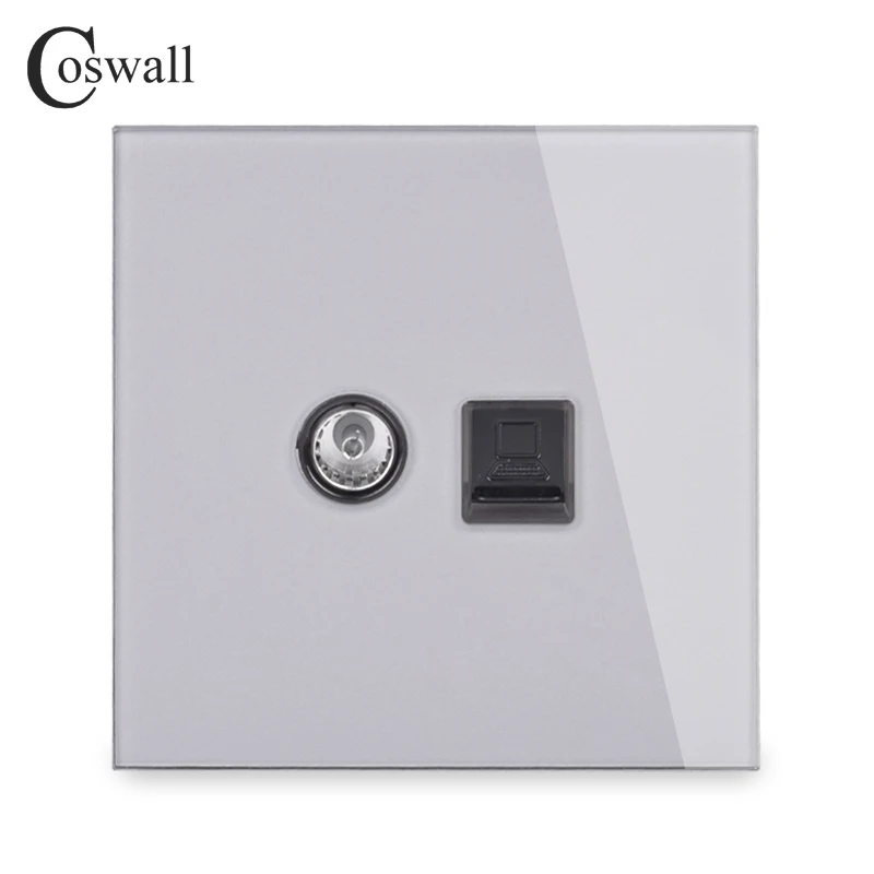 Grey COSWALL Кристалл стекло панель настенная розетка женский ТВ разъем+ RJ45 CAT5E данных компьютер Интернет-разъем R11 серии серый цвет - Тип: Grey