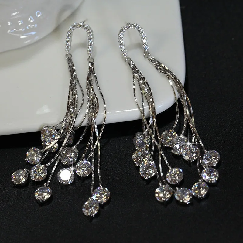 

Cute Silver Color Tassel Long Stud Earrings Bling Zircon Stone Women Earrings Fashion Jewelry Korean Earrings