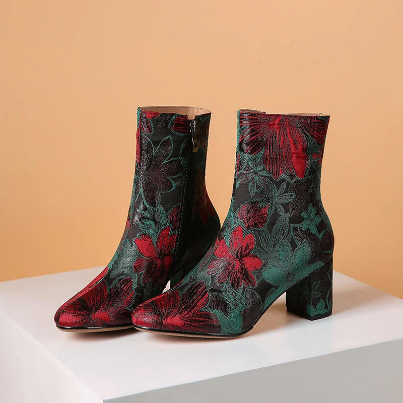 Новые винтажные женские ботильоны TXCNMB с круглым носком и вышивкой на высоком