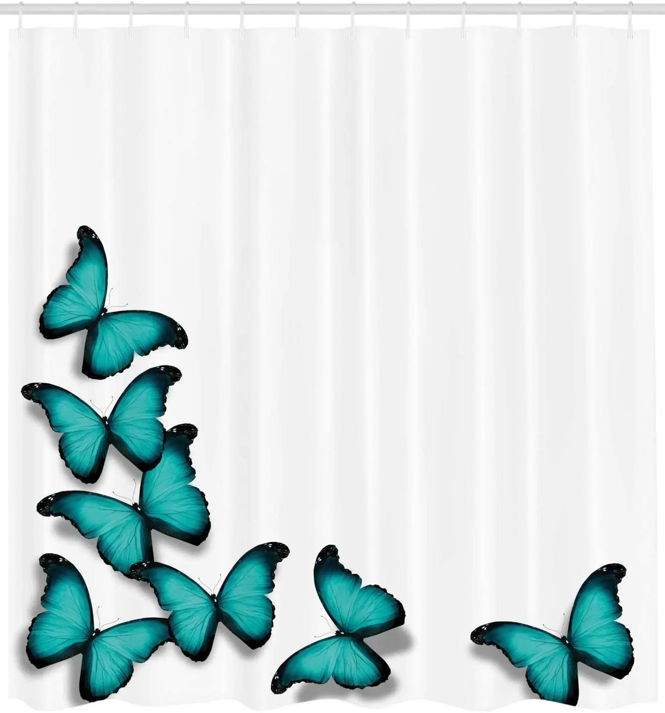 Бирюзовая занавеска для душа с изображением Морфов и бабочек весенняя солнечная