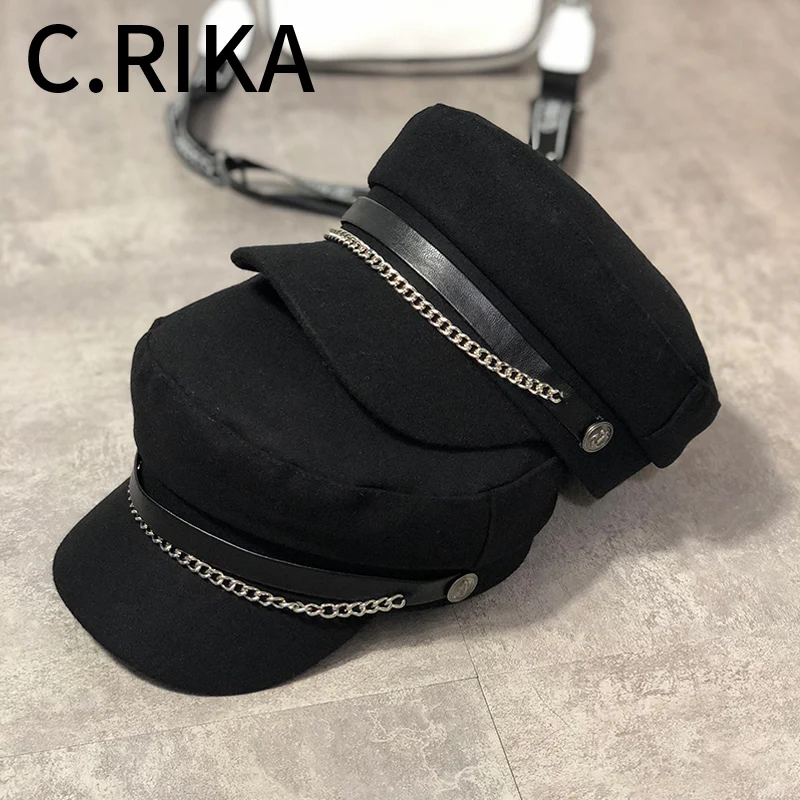 Осенне зимняя женская шерстяная восьмиугольная шапка с цепочкой винтажные