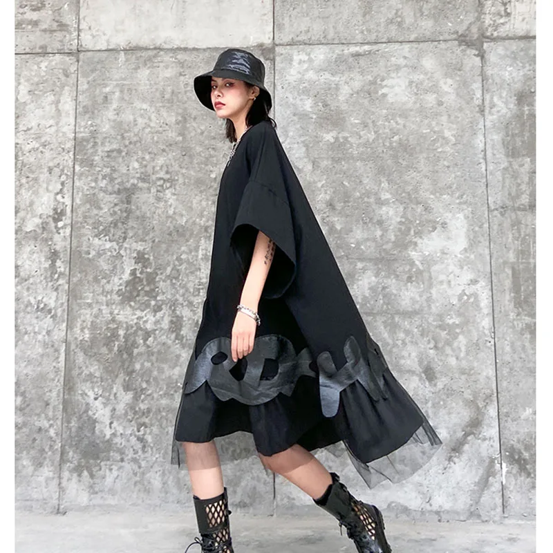 

2021 INS Summer Dress A Line Black Fashion Girls Cotton Blended Patched Big Letters Gauze Short Sleeve Skirt Women Freeshipping