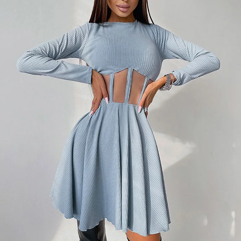 

High Street Solid Color Mesh Patchwork Dress Women Sexy See Through Bodycon Autumn Long Sleeve Pleated Casual A-line Mini Dress