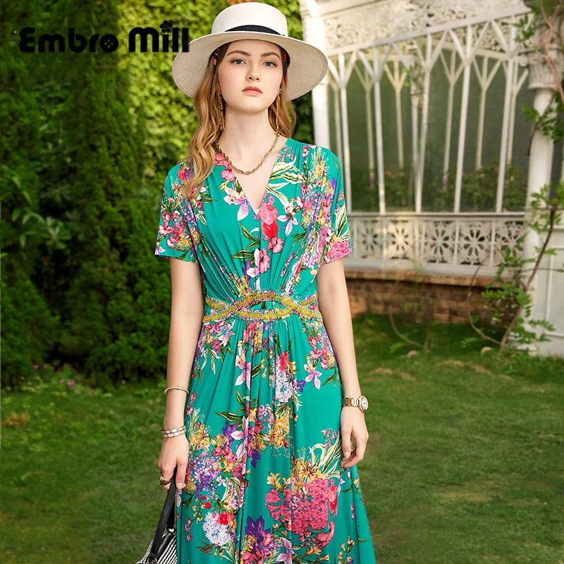 

Female Summer New Mid-Waist Short-Sleeved Holiday A-Line Side Zip Bohemia Style Printed + Beaded Elegant Lady Dress S-XL