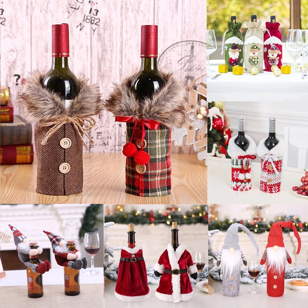 FengRise-adornos navideños para el hogar, Santa Claus, cubierta de botella de vino, muñeco de nieve, medias, soportes de regalo, decoración de Navidad, Año Nuevo