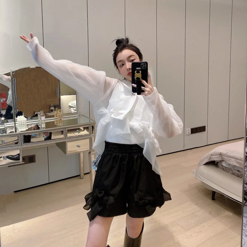 

[DEAT] New Summer Fashion Women Organza Turn-down Collar Full Sleeves See Throw Bow Spliced Cardigan Short Shirt WS23000L