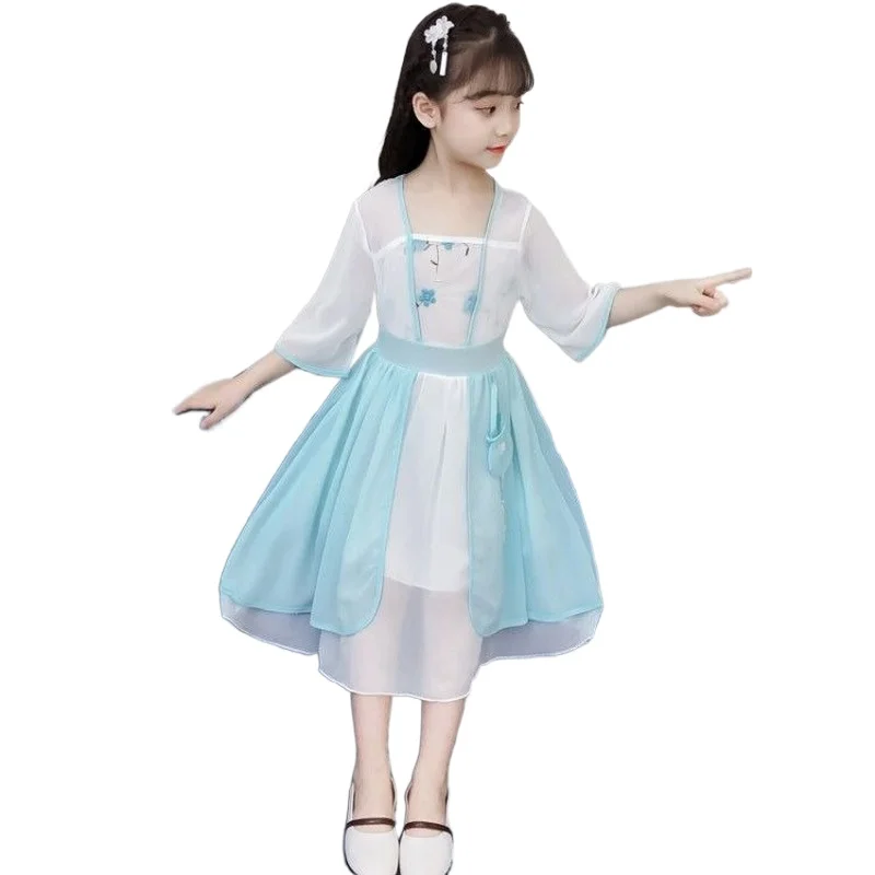 

Girls Dress Summer 2021 New Chinese Style Children's Clothes Hanfu Vintage Dress Chiffon Embroidery Princess Dresses Knee-Length