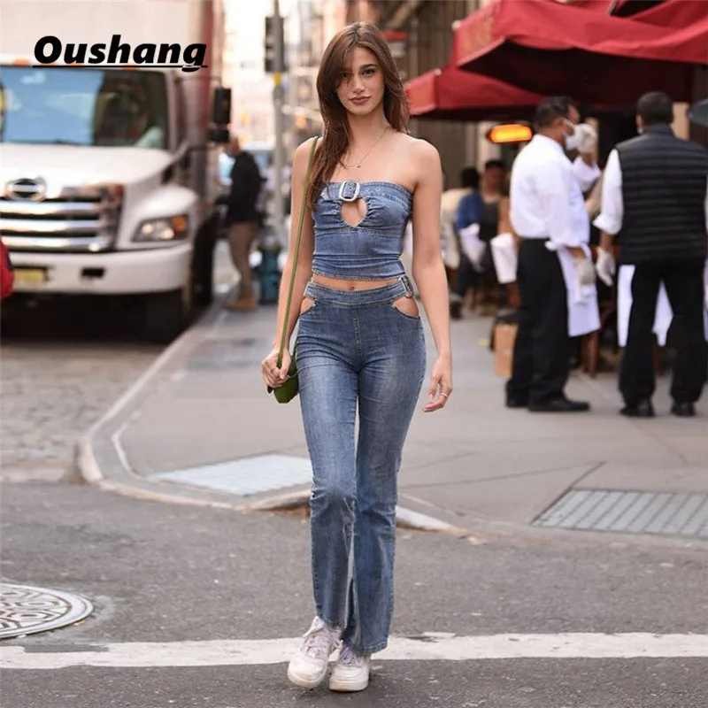 

Hollow Out Sexy Jeans Women 2021 Y2K Streetwear High Waist Party Club Denim Pants Long Summer Casual Solid Stright Trousers