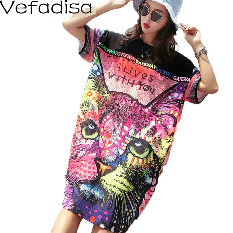 Vefadisa летнее женское хлопковое Повседневное платье с принтом кота Платье До