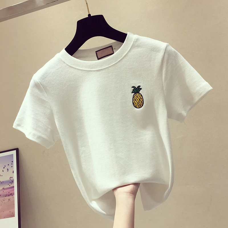 Женская футболка из хлопка повседневная трикотажная с коротким рукавом вышивкой