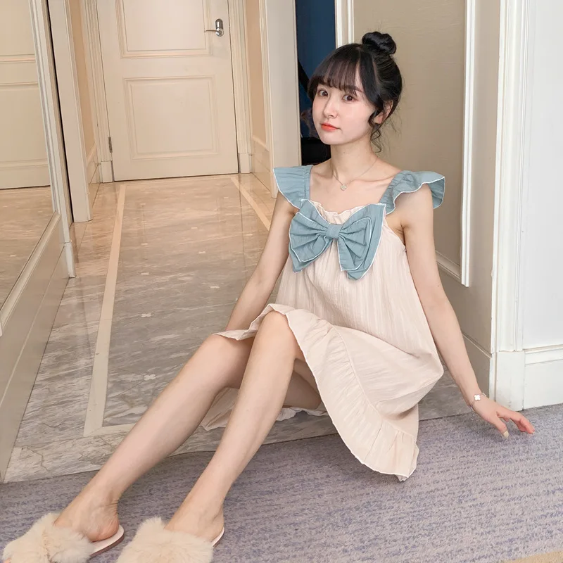

Young Lady Yellow Cute Cotton Nightgown Sexy Sleeveless Nightdress Sweet Bow Ruffles Sleepwear Summer Casual Home Dressing