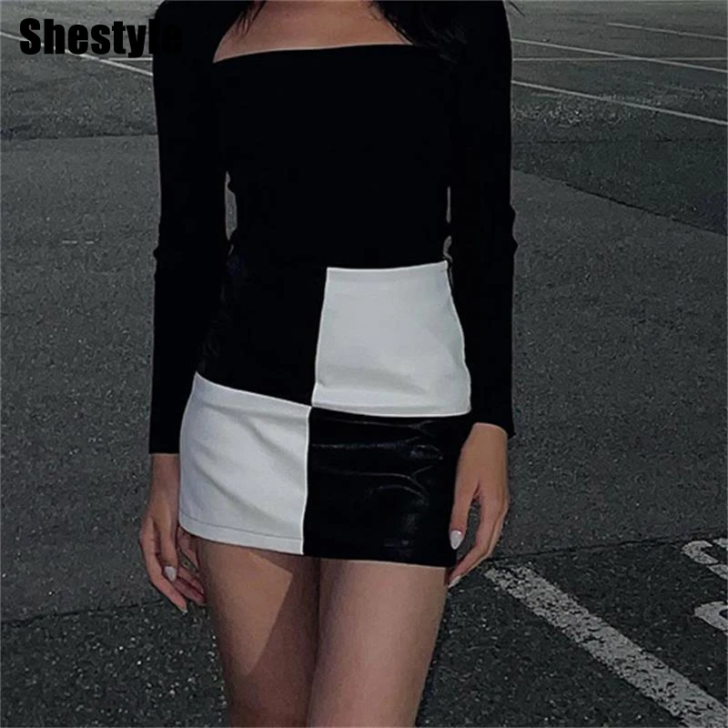 

Shestyle Plaid Elastic Waist Mini Skirts Women Sexy Fashion Chic Patchwork Panelled Seath A Line PU Leather Clubwear Skirts