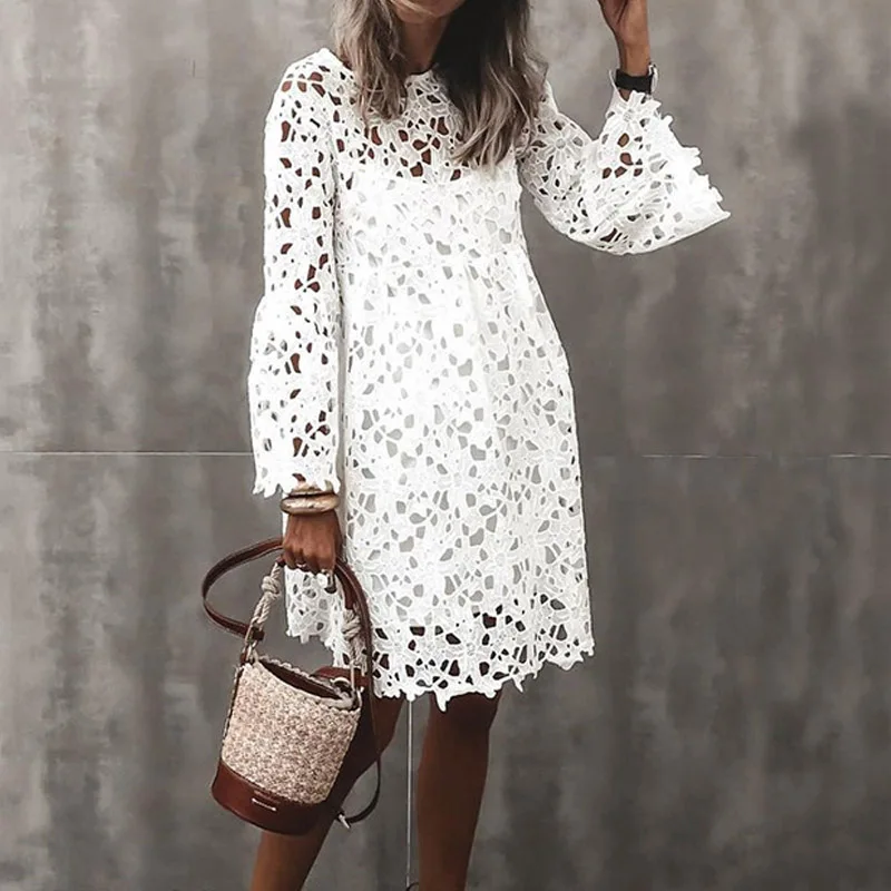 

Women Sexy Hollow Out Crochet Lace Party Dress 2021 Spring O Neck Solid Mini Dress Autumn Flare Sleeve Elegant Office Lady Dress