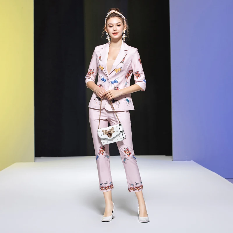 

Designer Fashion New Women Suits Workplace Long-Sleeved Printed Jacket + Casual Trousers Retro Elegant Chic Runway Two Piece Set