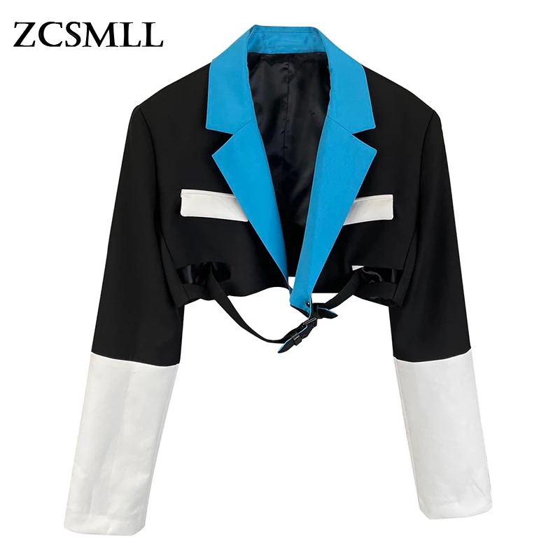 

ZCSMLL Patchwork Colorblock Belted Loose Casual Blazer Female Notched Long Sleeve Fashion Coat For Women Autumn Style 2021