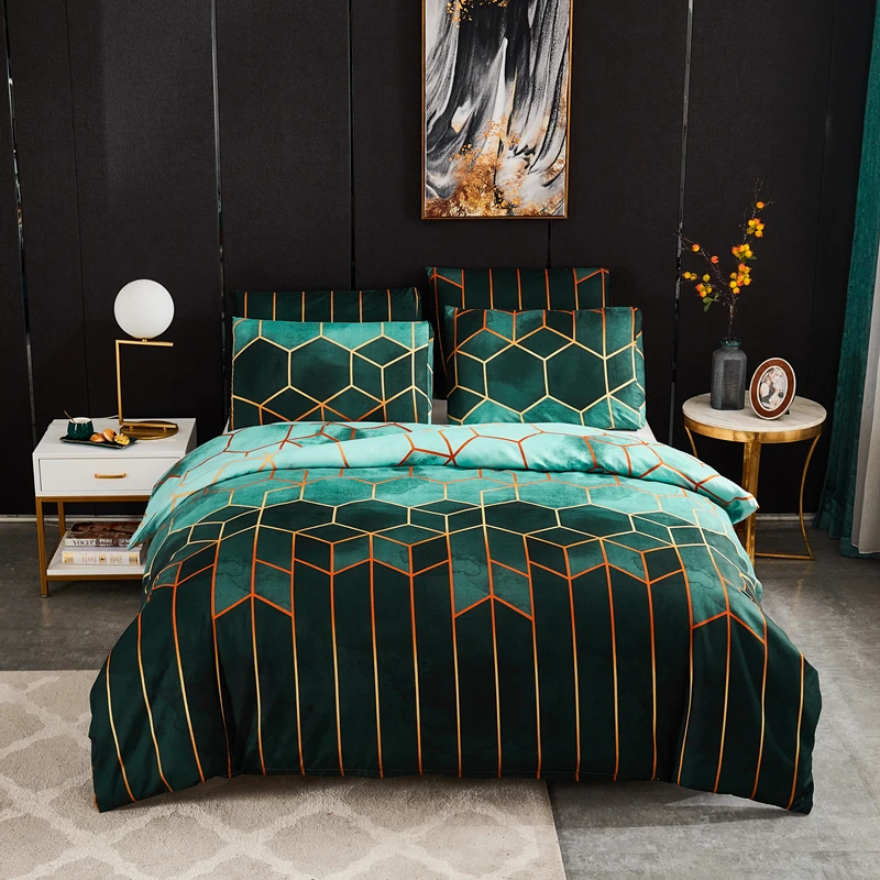 

Green Geometric Patterns Comforter Bedding Set Queen Size Luxury Duvet Cover For Adults