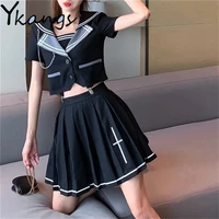 japanese style two piece set black pleated mini skirtexposed navel short sleeve tops 2021summer new vintage gothic sailor suit