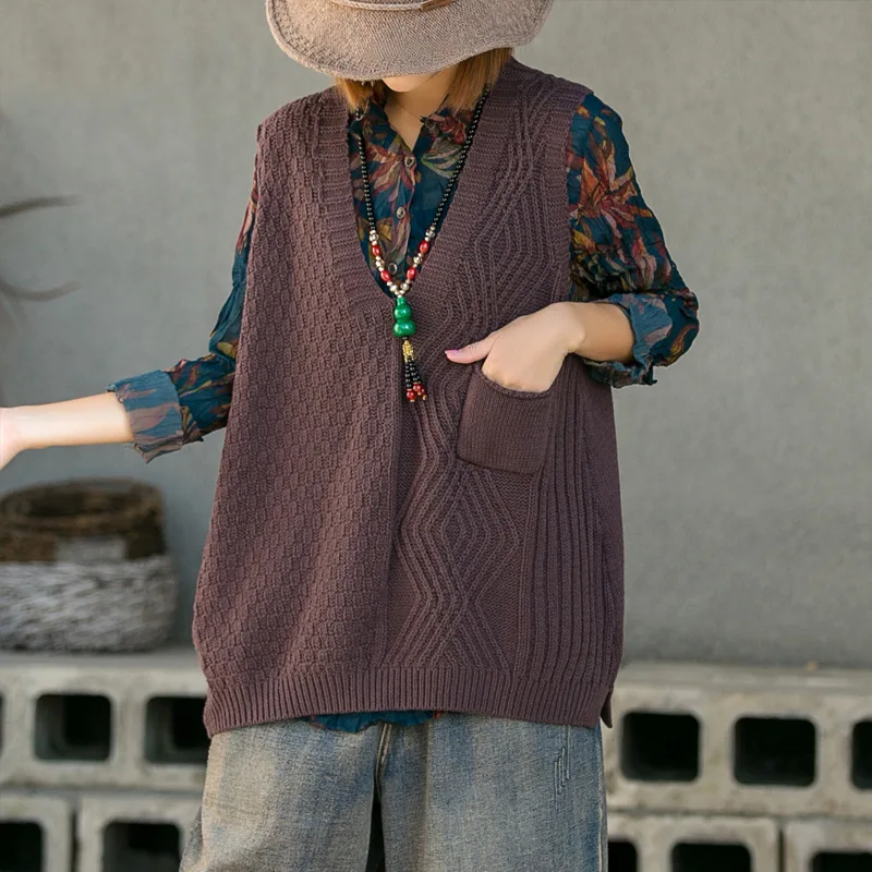Весенне-осенние Жилеты женские свободные однотонные с карманами вязаные