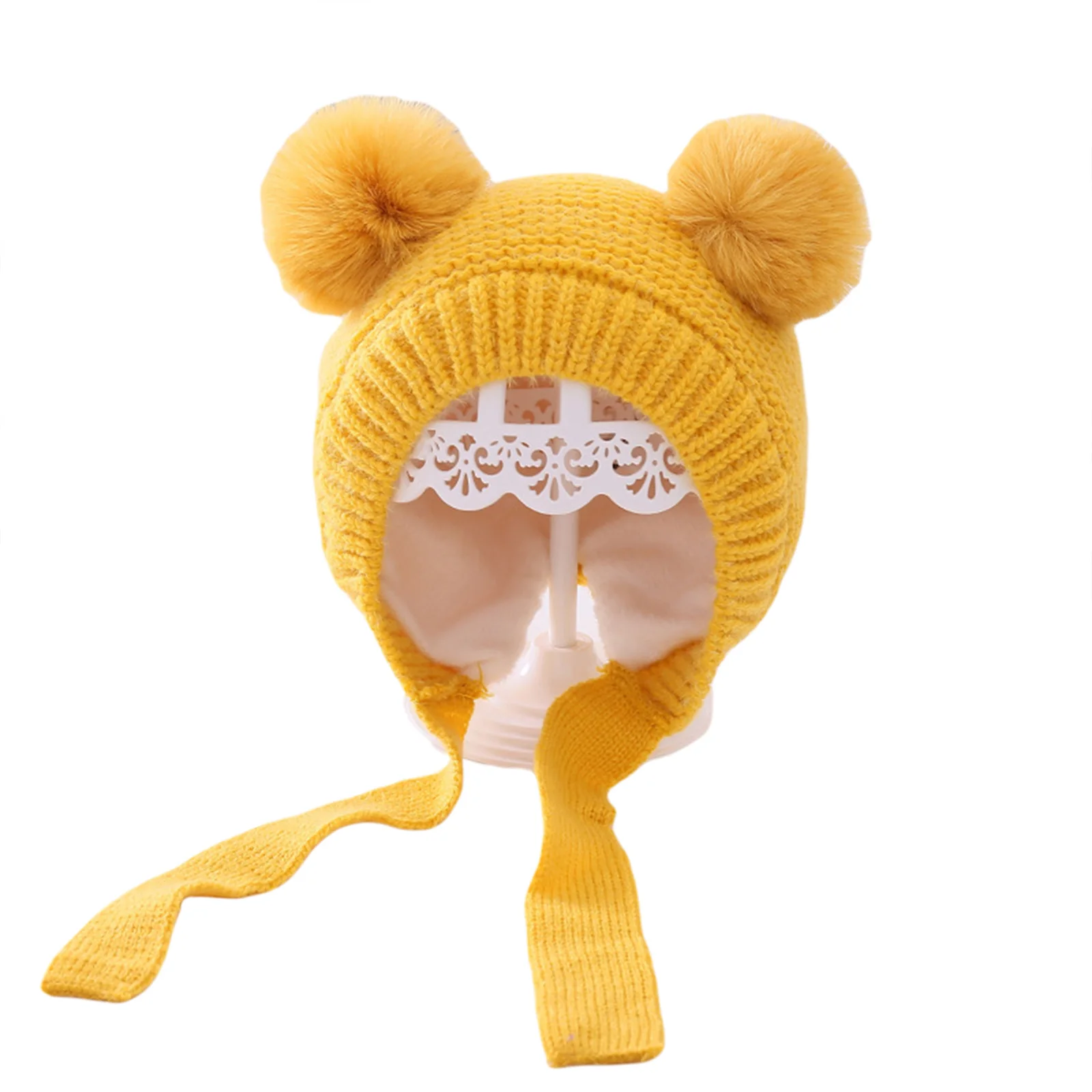 

New Baby Girls Boys Winter Plus Fleece Hat with Fur Ball Decor Knitting Simple Style Solid Color Outdoor Clothing Accessories