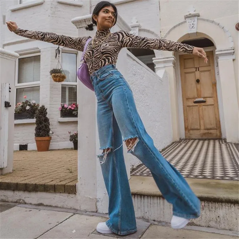 

Women Fashion Jeans High Waist Ripped Wide Leg Flared Pants Loose Casual Denim Trousers Female Korean Straight Casual Long Pants