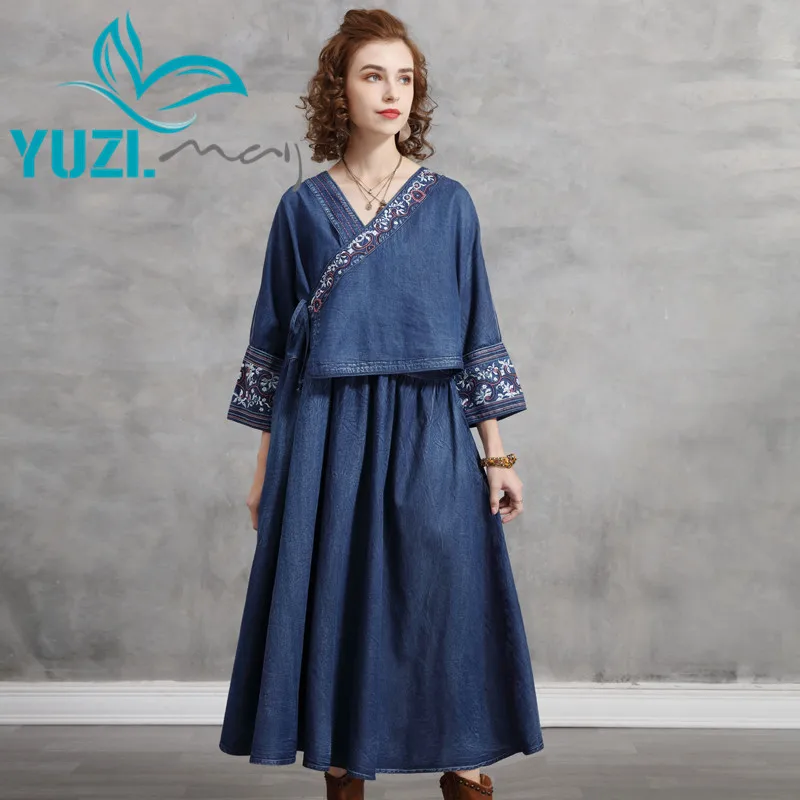 Women's Dress 2021 Yuzi.may Boho New Denim Dresses Female V-Neck A-line Vintage Embroidery Loose Vestidos A82290 Vestido