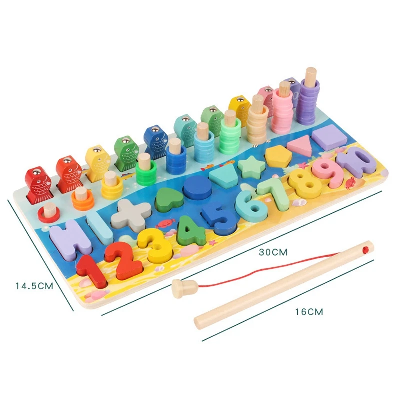 

Baby Math Toys Kids Educational Wooden Toys 5 in 1 Fishing Count Numbers Matching Digital Shape Puzzle Toy