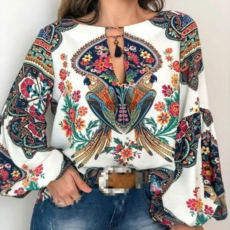 

Women's new Street fashion indie folk digital printing Lantern Sleeve shirt