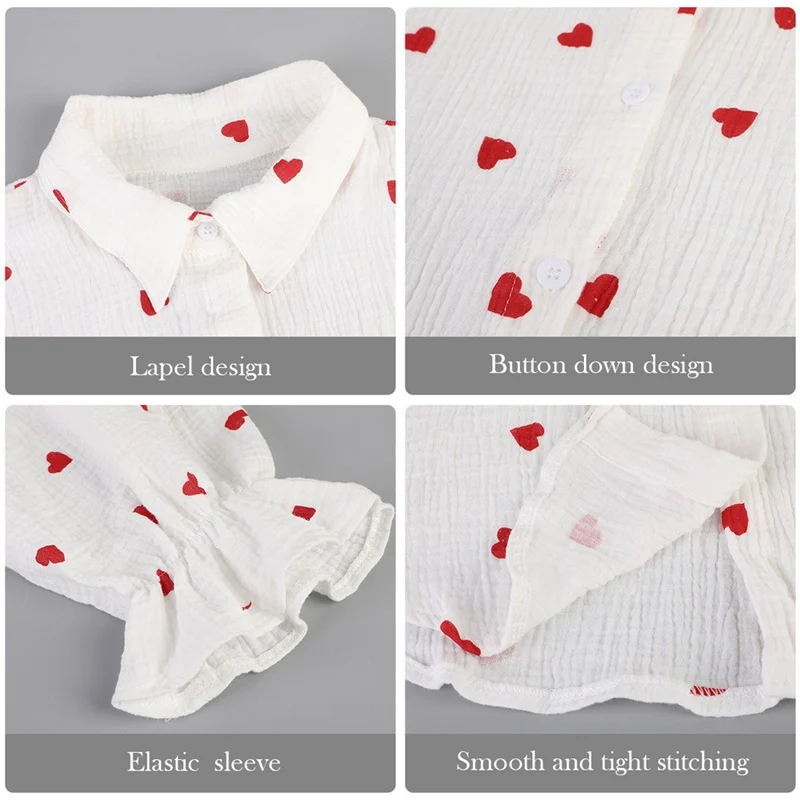 

Laamei Fashion Casual Turn Down Collar Blouses Women Elegant Long Sleeve Shirts Women Red Heart Embroidery Tops Ladies Shirts