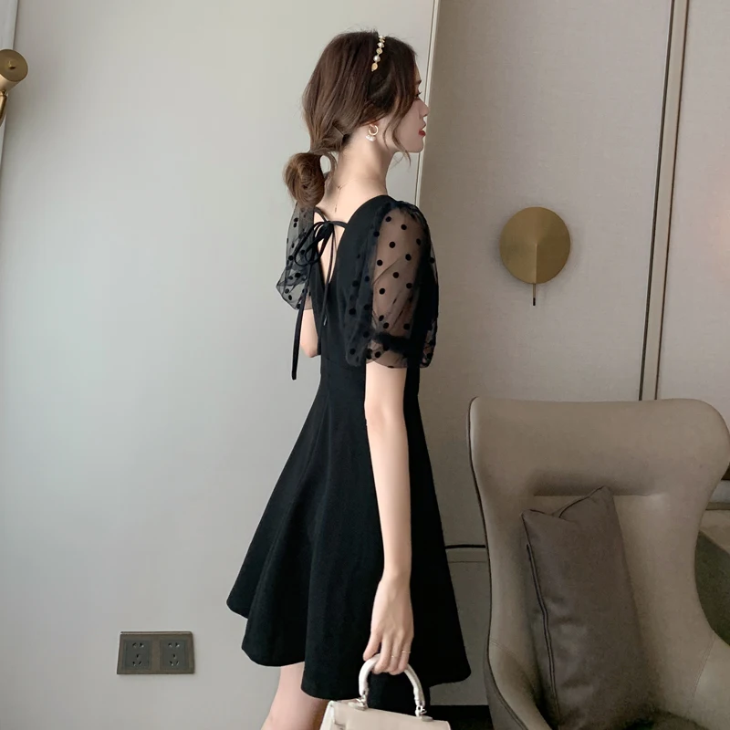 

Square Collar Mini Dress Wave Point Net Yarn Hubble-Bubble Sleeve Lace Dots Black 2021 Hepburn Wind Brought Vintage Pullover