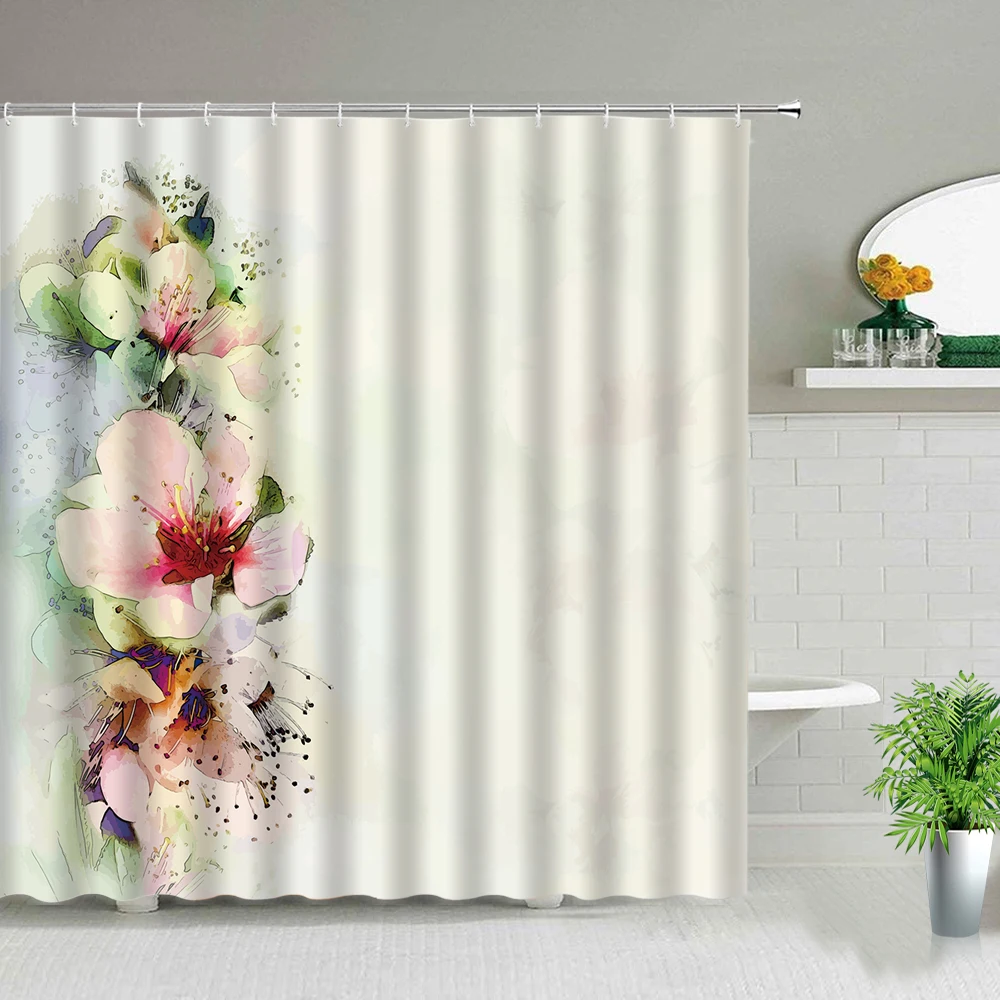

Flowers Shower Curtains Butterfly Tulip Rose Floral Plant Scenery Bathroom Screen Decor Bath Curtain Waterproof Fabric With Hook