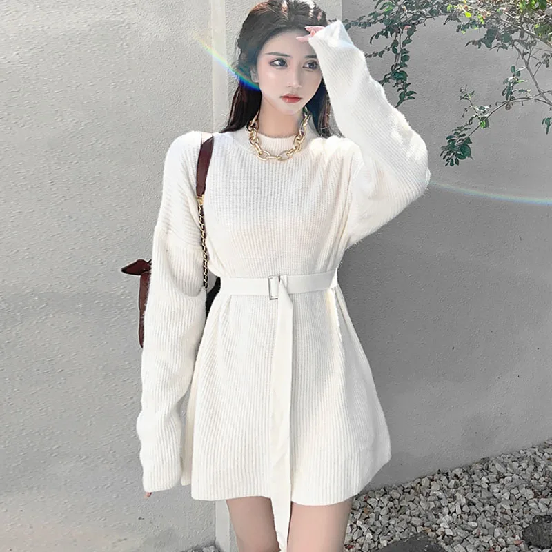 

Женское трикотажное платье-свитер средней длины, свободное однотонное платье с поясом в Корейском стиле на осень и зиму, 2021