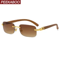 peekaboo men rectangular sunglasses rimless wood grain brown blue frameless retro sun glasses for women uv400 2022 summer