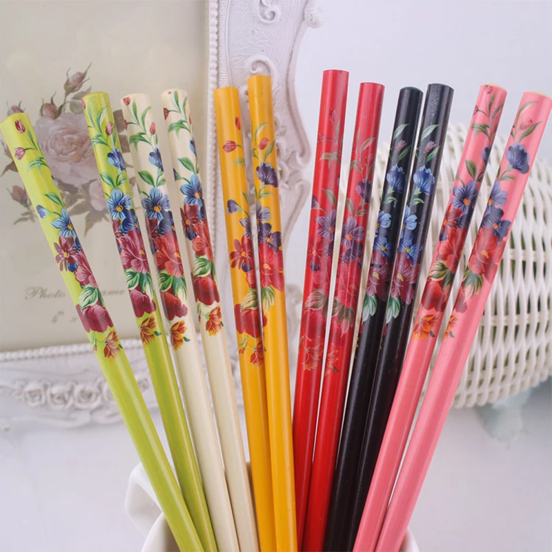 Flower Handmade Ethnic Style Bride Vintage Painting hairpin Print Japanese Hair stick Colorful Natural Wood 2PCS |